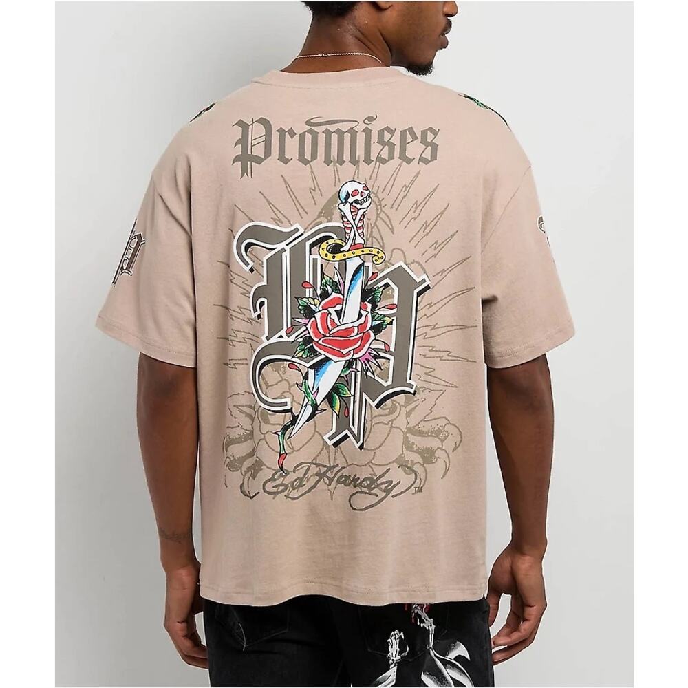 Ed Hardy x Broken Promises Love Scars Beige T-Shirt Size XL Cyber Y2K Tattoocore - Picture 5 of 13
